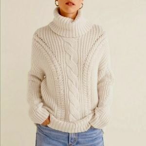 Mango Chunky Knit Oversized Cream Turtleneck Sweater